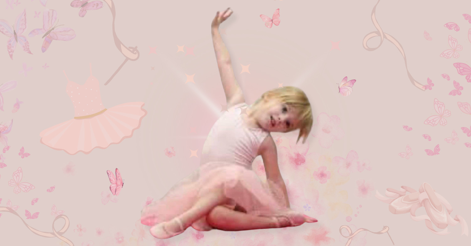 Darling young girl named Jillian dressed in a pink bodysuit and pink tutu posing on the floor with one arm up in the air with her head tilted to the far right.