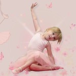 Darling young girl named Jillian dressed in a pink bodysuit and pink tutu posing on the floor with one arm up in the air with her head tilted to the far right.