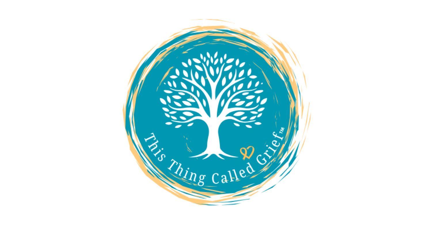 This Thing Called Grief Logo with teal background and a yellow childhood cancer ribbon with a white tree blooming in the center. 