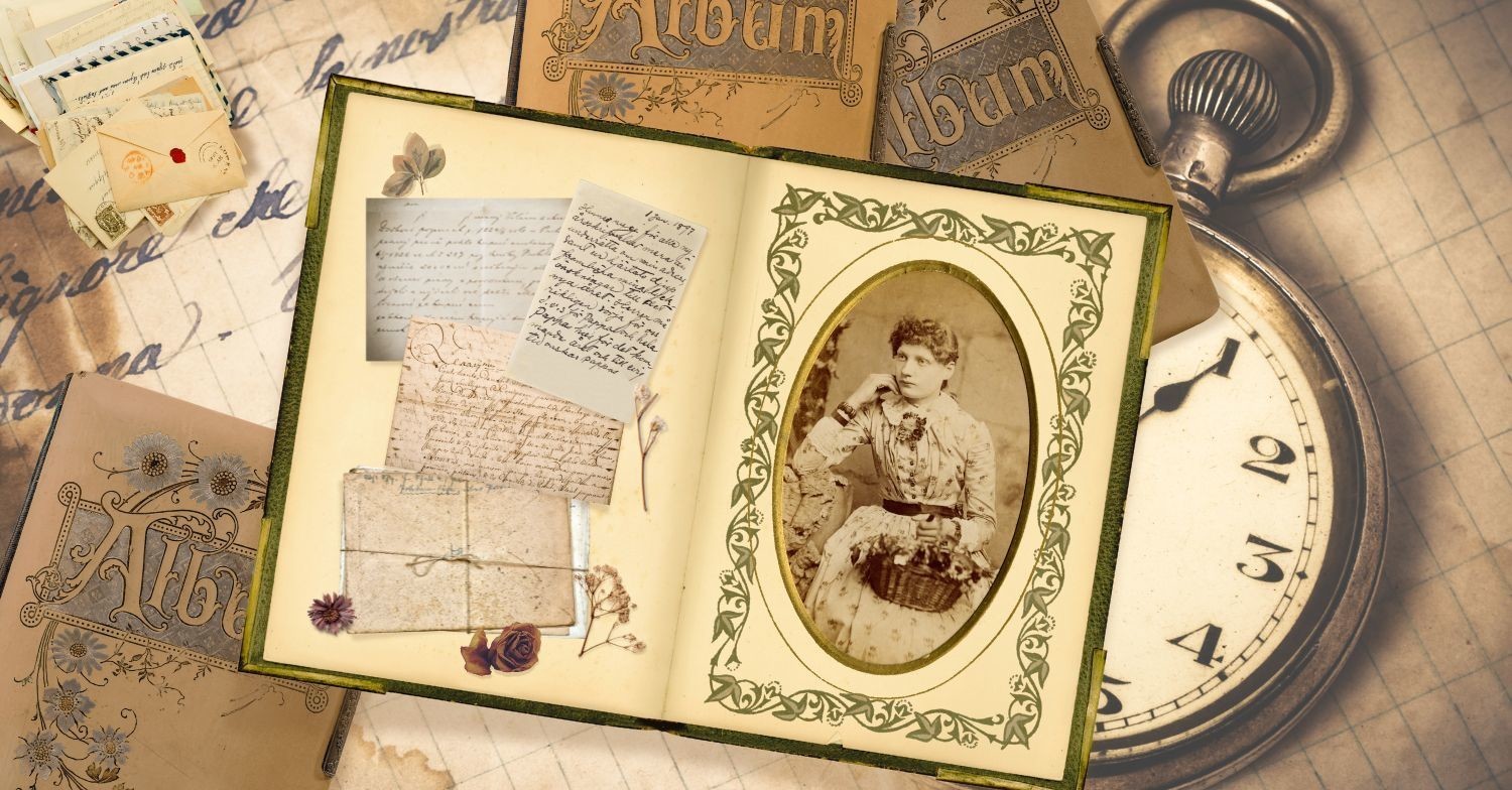  Victorian-era family portrait of deceased loved one with albums, letters and dried flowers.