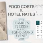 Financial burden on families with a combined photo with Nov 2024 hotel rates new SickKids Hospital, highest rate $708 and lowest compassionate rate at $181 with a receipt for three burger totalling $108.48 from hotel cafeteria.