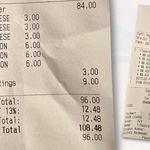 Receipt showing cost of three burgers with cheese and bacon at hotel restaurant totalling $108.48, billed to room 624. Near SickKids Hospital, Toronto.