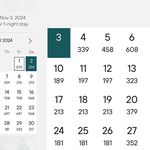 Hotel rates calendar for November 2024, with lowest rate $181 and highest rate $708, showing fluctuations for families with children at SickKids Hospital during high-end events.