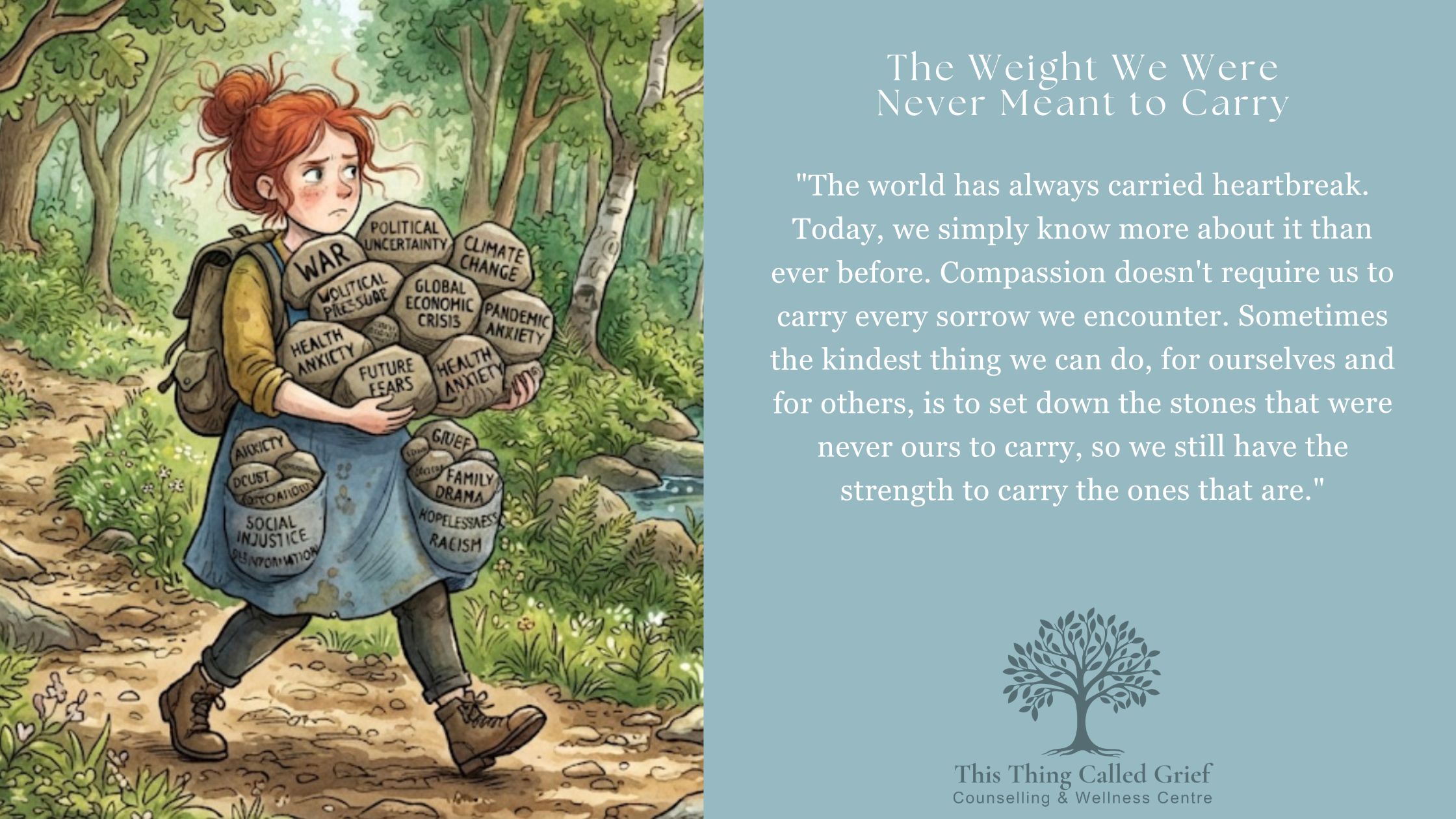 Illustration of a woman carrying stones labelled with world problems, representing compassion fatigue
