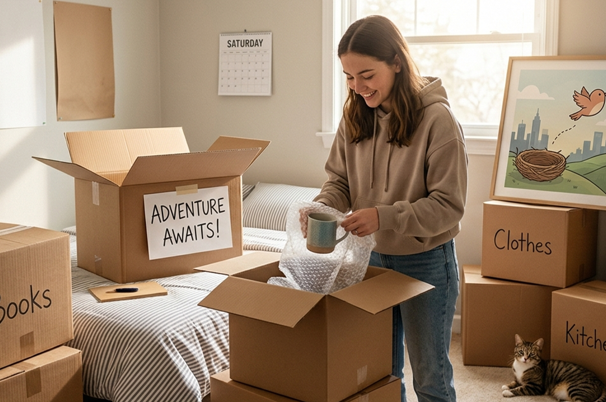 Young woman packing moving boxes representing the grief of a child moving out