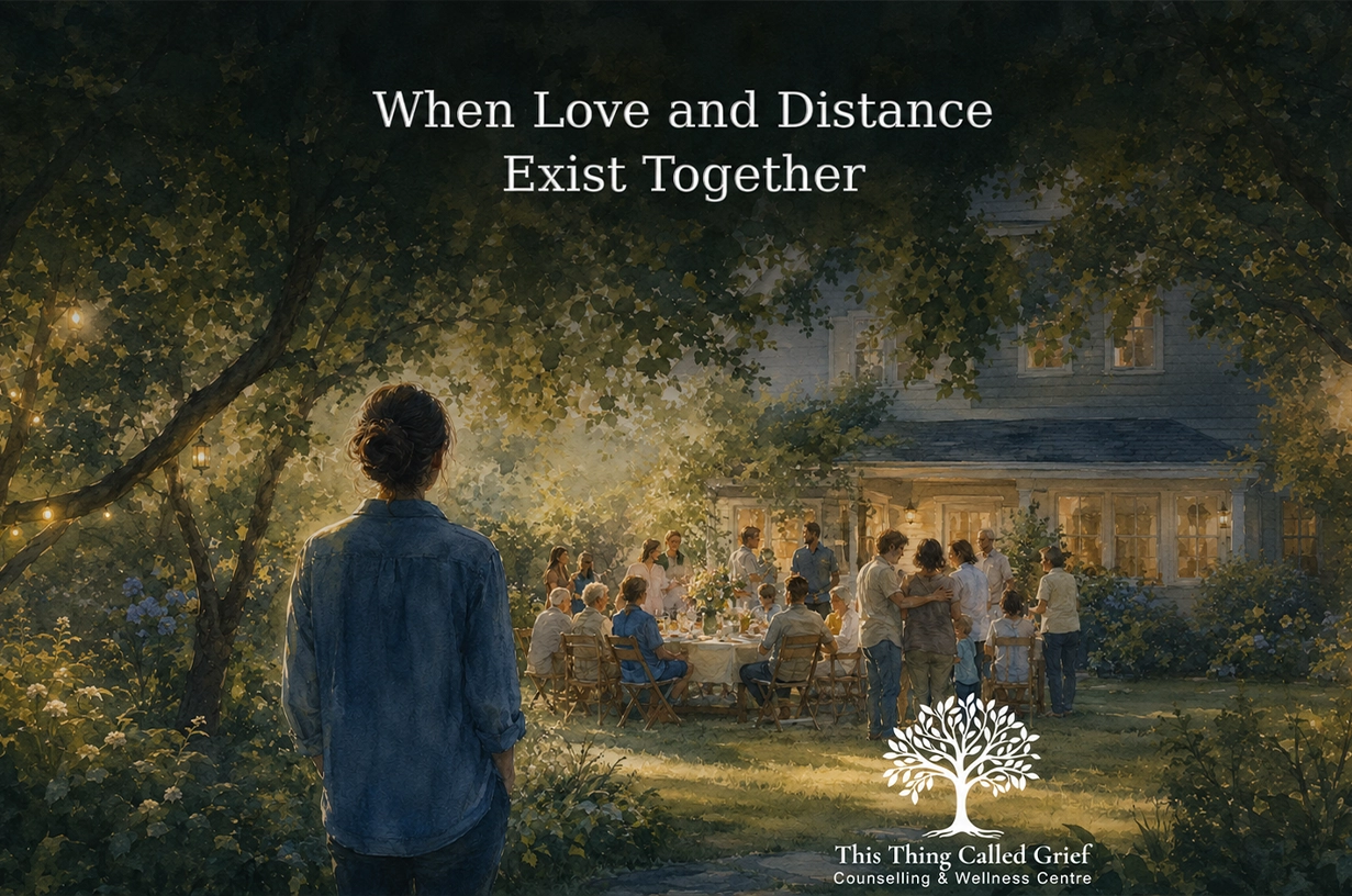 Person standing alone watching a family gathering, representing the grief of family estrangement